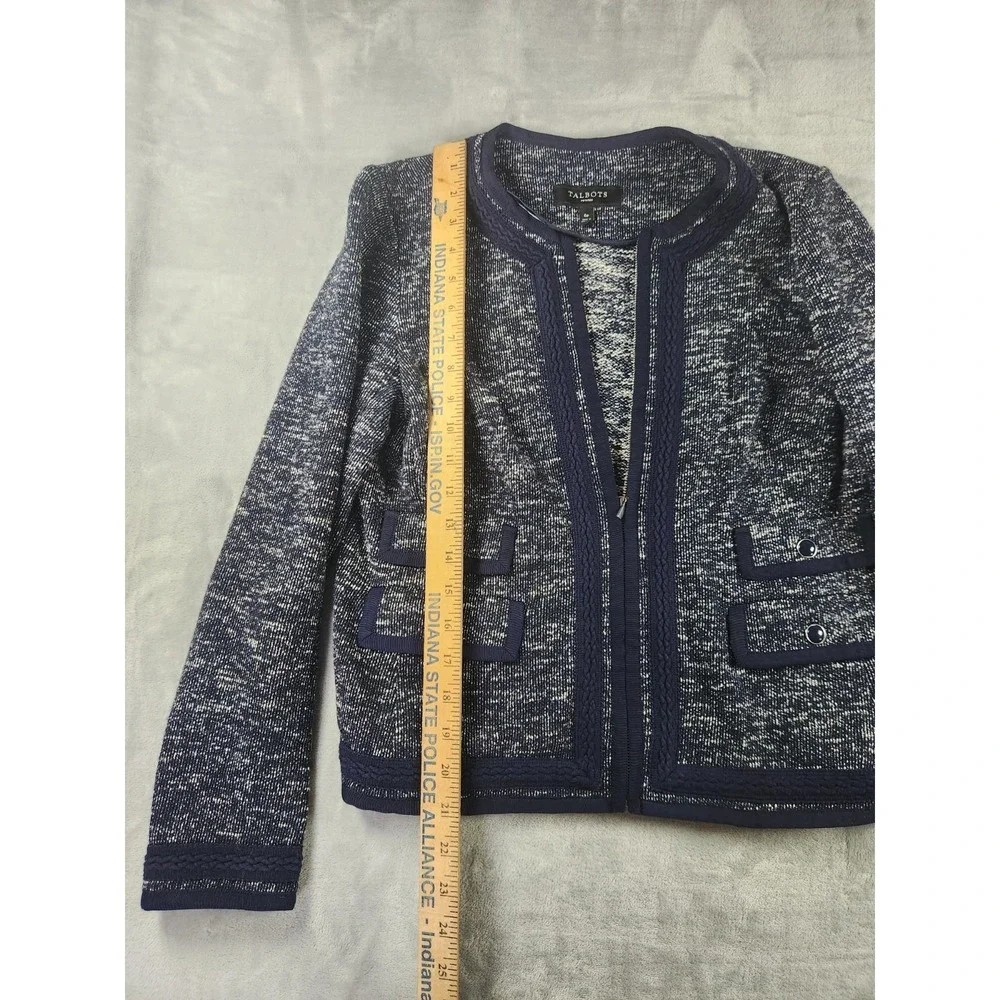 Talbots Women's Tweed Blazer Blue Trim Fitted Zipper Jacket Cotton Blend Size 6P